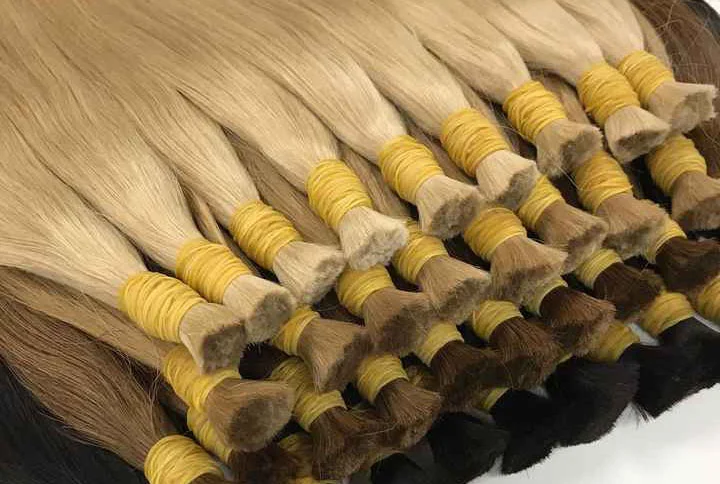 Close-up of soft, shiny human hair extensions